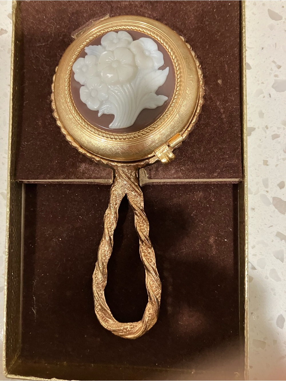 Gold-Tone Floral Cameo Pendant Necklace - White on Brown - Picture 2 of 5